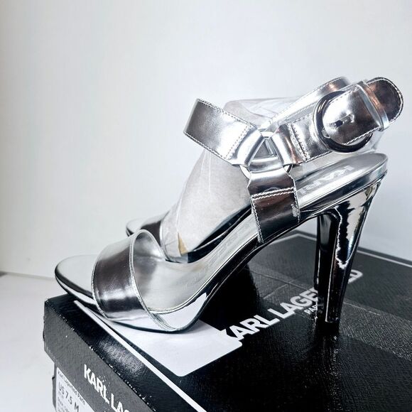 NWT Karl Lagerfeld Cieone Metallic Silver Lame Strappy Heel Sandal Size 7.5 9 - Picture 3 of 12